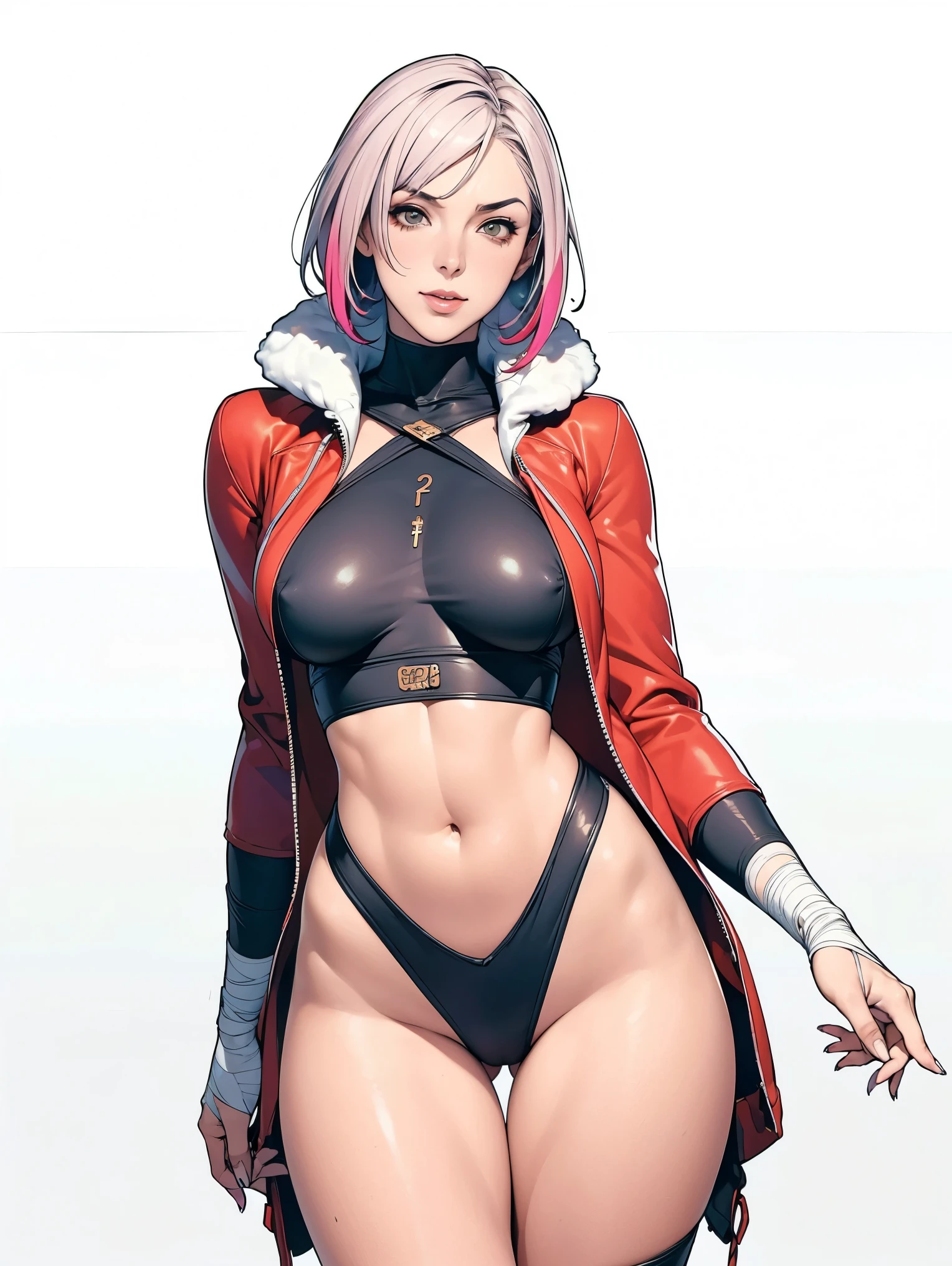 (((Annie Lennox))), (((colorful suit))), (scars), (((bandaged arms))), (((colorful clothes))) (( hood)), (((best quality: 1.4))), (Unbeatable masterpiece), (hyper HD),(CG 8k hyper-realistic), beautiful face, (((breasts big))), (((hyper feminine))), sexly girl, ((round face)), black tattoo,(ultra short red hair with white highlights)), ((( sculptural body ))), (((1 Kizi))), Kizi tatuada de 25 anos com perfect body, perfect hands, perfect fingers ,Beautiful and well-groomed face, (round face), muscular body:1.2,solid color detailed jacket, (Head to thigh photos), Complex equipment, ,Tight clothes,With white stars and off-white stripes,,,,,Armor Metal Electronic Parts, Poison tattoos ) INFO, Kizi, (((standing alone))), , 24歳, sexy, pose de attitude, work of art, dancing, ((slight smile)), post-apocalypse, (((manga style))), bounty hunter, the way you want, perfect body, roupa moderna, advanced technology, white, yellow accent, black, red accent, fur collar jacket, sleeves with vertical striped pattern, background city, (( cowboy shot )). intricate visual, narrow waist, (((wide hips))), wide hips, fit thighs, (((thigh gap))), Thigh gap, background shows a futuristic airplane, open expression, expression happy