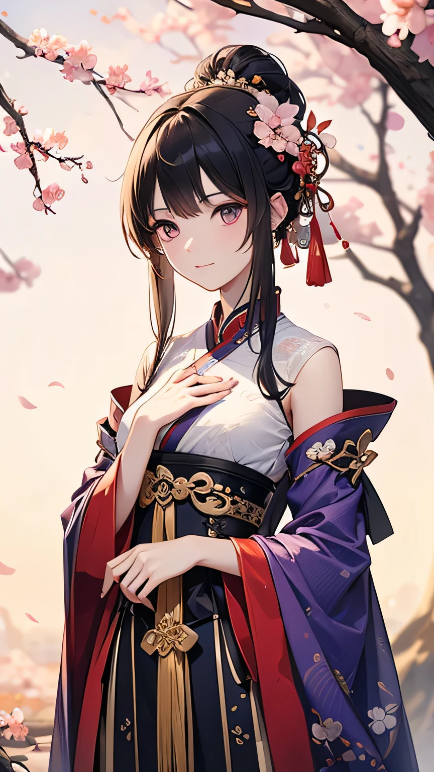 ((Highest quality, 8k, masterpiece: 1.3)), Sharp focus Beautiful woman with perfect body, Slim abdomen, Highly detailed face and skin texture, Detailed eyes, Chinese traditional clothing, Hanfu, Ancient Chinese Princess, red, Hair ornament studded with small jewels, Slender body, Place your hand on your chest, ((Plum blossoms are blooming in the background)),The background is an autumn scene.,autumn