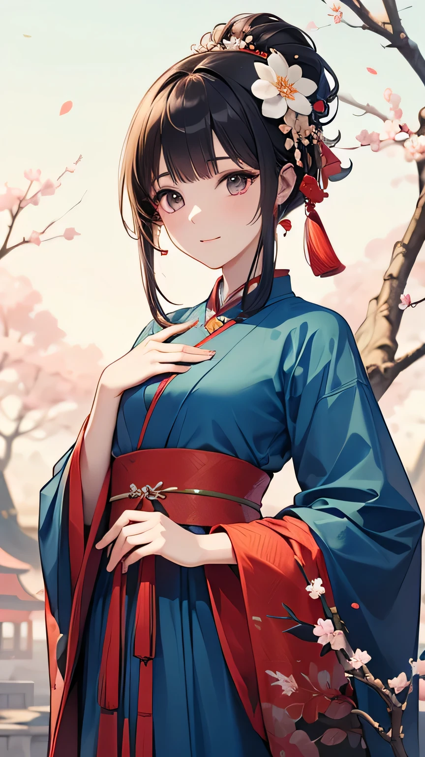 ((Highest quality, 8k, masterpiece: 1.3)), Sharp focus Beautiful woman with perfect body, Slim abdomen, Highly detailed face and skin texture, Detailed eyes, Chinese traditional clothing, Hanfu, Ancient Chinese Princess, red, Hair ornament studded with small jewels, Slender body, Place your hand on your chest, ((Plum blossoms are blooming in the background)),The background is an autumn scene.,autumn