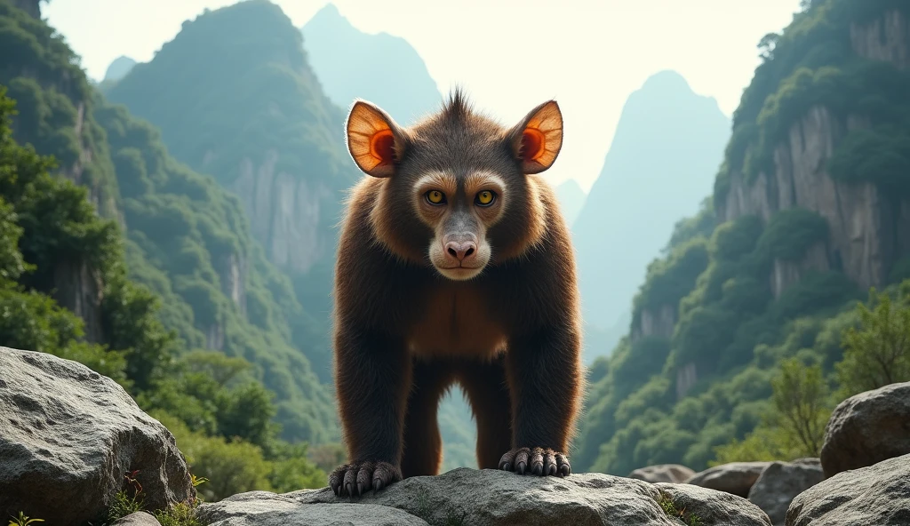 Panoramic front view,There is a wild beast in the mountains of Guilin,Looks like a brown monkey but has white ears,Standing upright like a human(best quality,4K,8k,High level,masterpiece:1.2),Ultra Detailed,(lifelike,Photo real,Photo real:1.37)