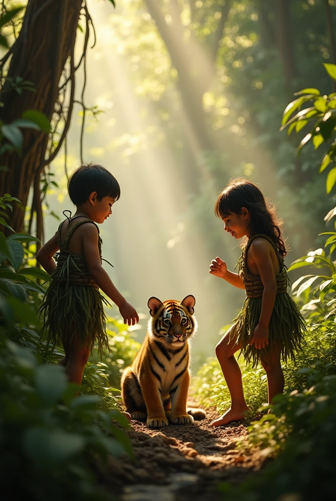 Photorealism 1.3 realistic realism high detailed high definition clear natives kids play with tiger in the jungle covered wearing tree skin as a shirt with leaf dramatic cinematography cinematic view morning mode sunlight silhouette smoke effect