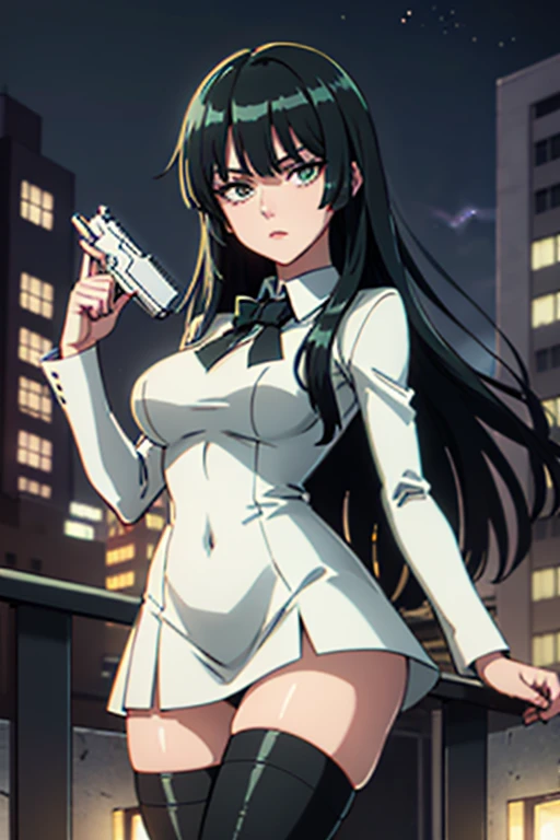 Highest quality、Ultra HD、One Woman、(Dark green long hair 1.3)、(White Suit 1.3)、(White tight skirt 1.3)、(Black tie)、(Black loafers 1.1)、((tall))、((1 who has a gun.2))、(Large Breasts)、(Black knee-highs 1.2)、(Beautiful face with sharp eyes 1.2)、40-year-old woman、Slender body、(Night city background 1.2)、((Clear and beautiful touch))