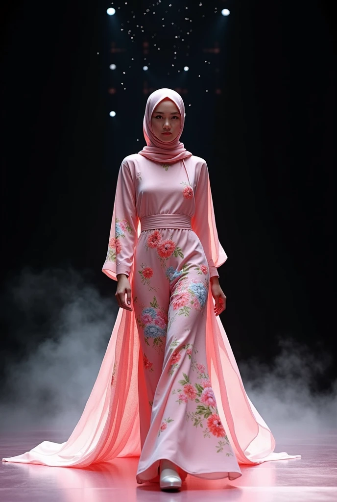 happy summer moslem fashion design by vera wang with colourful flowers in soft pastel pink colours and floral, wore by japanese female model, long flowy hijab, seen walking on catwalk, her hand on hip, black void background, soft silver particles, smokes and nice lighting, UHD, HDR, 8k, Masterpiece, realistic, hyper realistic. catwalk, facing straight to camera. hand on hip, full body