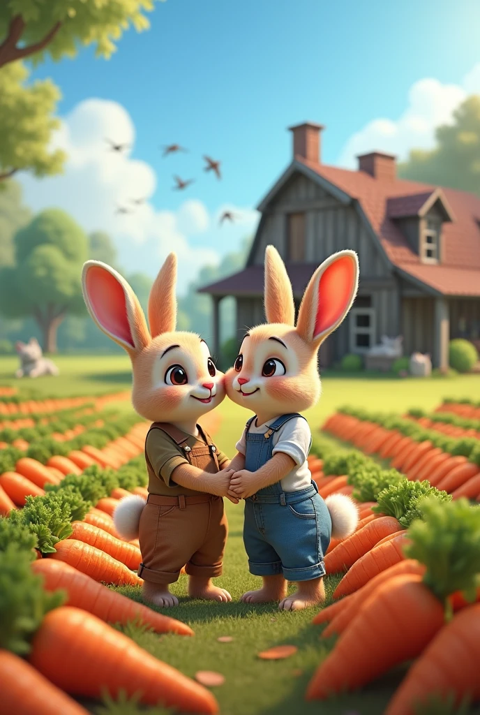 Animated bunny and rabbit couple in a carrot field and farm house