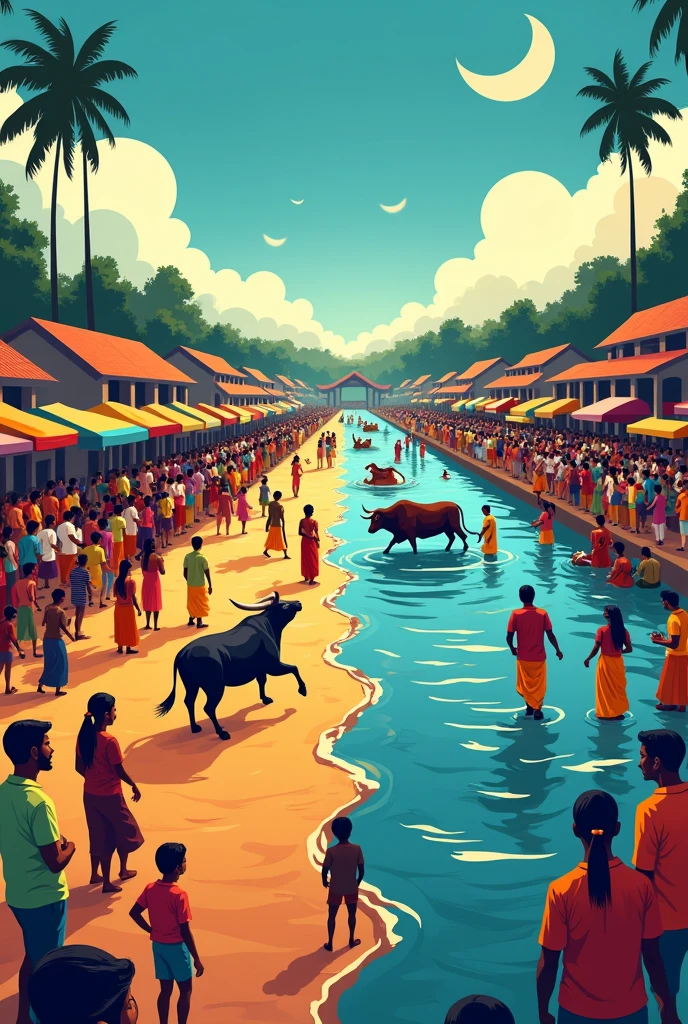 Generate an image of traditional madras which contains jalli kattu, flood and people helping each other. I want it as poster with the title of traditional madras  
 Jalli kattu protest separately and the flood image separately but both in one poster image