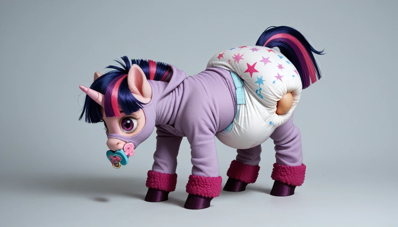 pony, Unicorn, purple wool, dark blue mane with purple streak and pink streak, the tail is dark blue with a purple strand and a pink strand, purple eyes, stands on four hooves, rear hooves spread wide apart, adult filly, dressed in a onesie and booties, pacifier in mouth, solo, thick diaper under clothes.