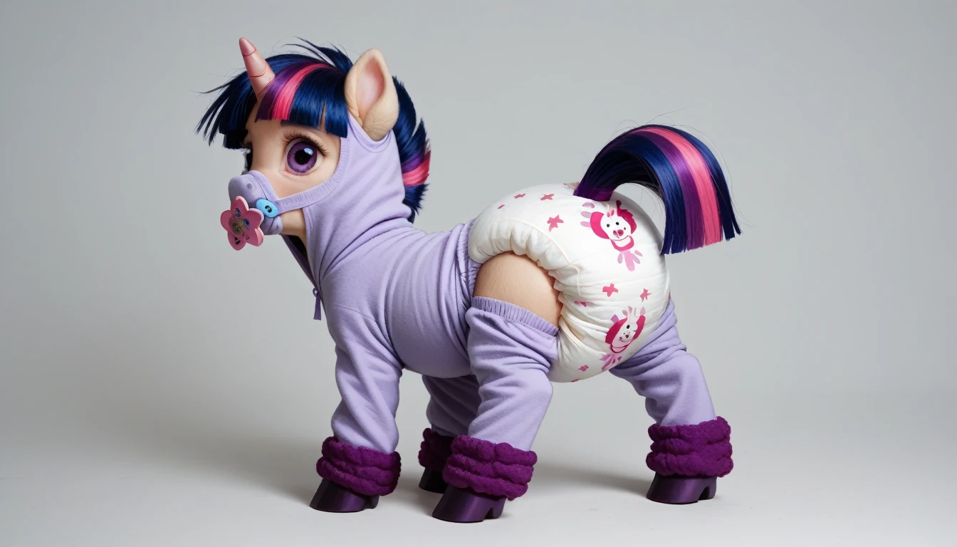 pony, Unicorn, purple wool, dark blue mane with purple streak and pink streak, the tail is dark blue with a purple strand and a pink strand, purple eyes, stands on four hooves, rear hooves spread wide apart, adult filly, dressed in a onesie and booties, pacifier in mouth, solo, thick diaper under clothes.