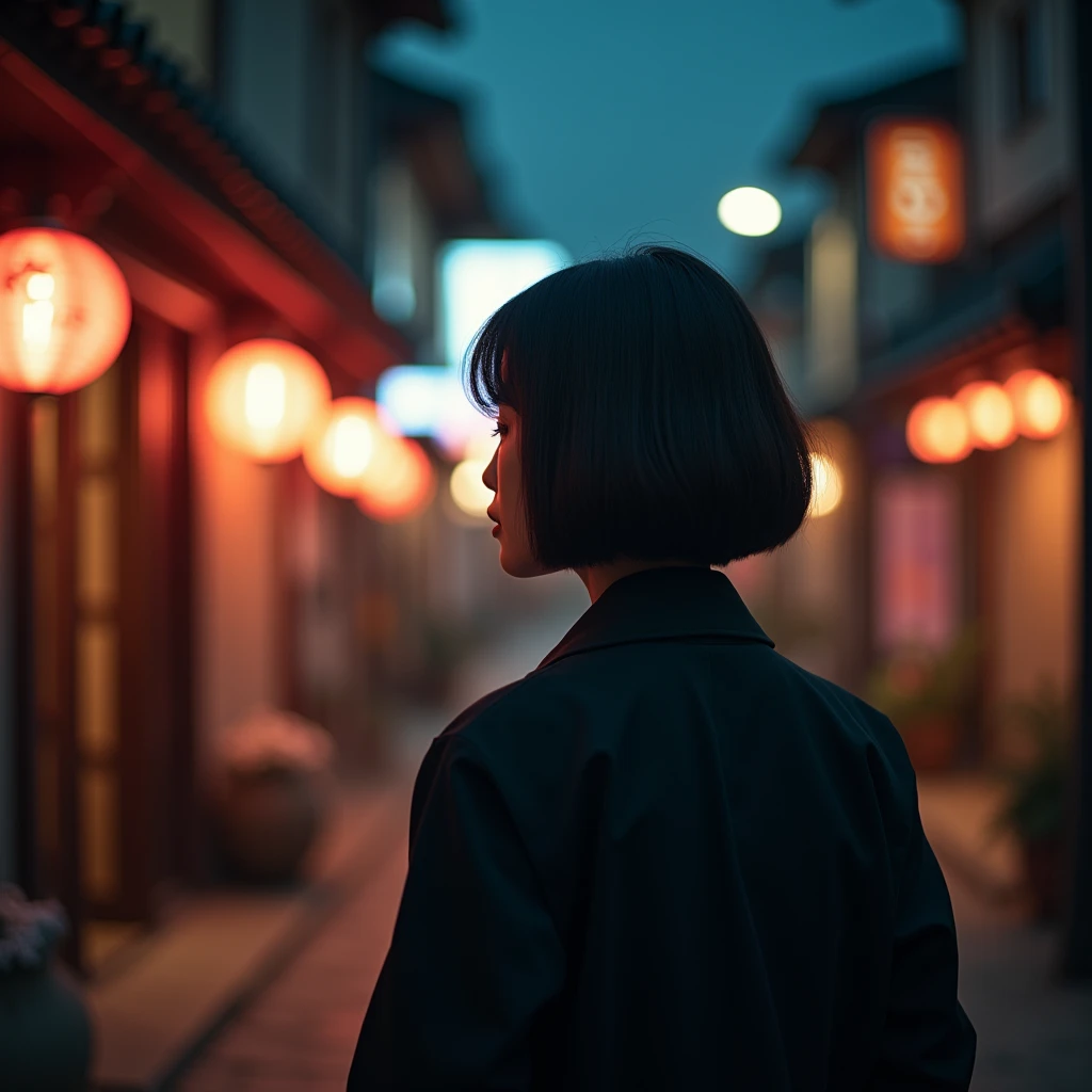 "Photo taken from behind of a young Korean woman with short bobbed hair, dressed elegantly, seen from the back on a Korean street at night, evoking a sense of travel."
