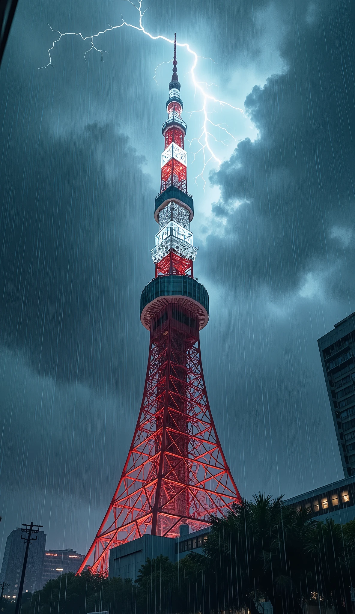 Tokyo Tower、heavy rain、typhoon、Cloudy、Lightning strikes