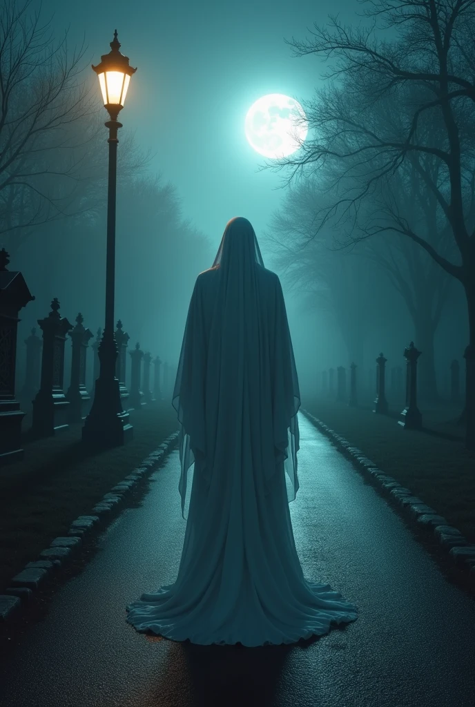 One night a tall man in a white robe was standing under a street lamppost with his backside visible and a cemetery by the side of the road.