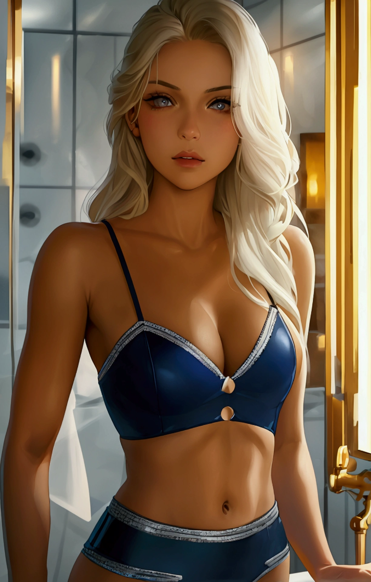 A twenty-something woman who has blonde hair, grey eyes, golden skin, full lips, and an hourglass physique. She is wearing a blue bralette and navy biker shorts. She is standing in a luxury bathroom, holding a phone while looking into a mirror.