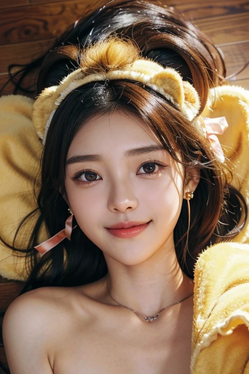 (2 Japanese girl,), (Small breasts:1.5,),(solo,,Textured skin, Detailed skin,Detailed face,Detailed eyes,detailed posing,Natural eyebrows,Sparkling Eyes,High detail, Highest quality, Super detailed, Surrealism, ,8k,RAW Photos,Photographicism,Professional Lighting,Portrait Photography,Soft Light),((Black Hair, Dark Eyes,Natural Makeup,Simple earrings, Bob Hair,ribbon,smile)),(((Lying on the floor,Wearing a lion costume,Dutch Angle, )))