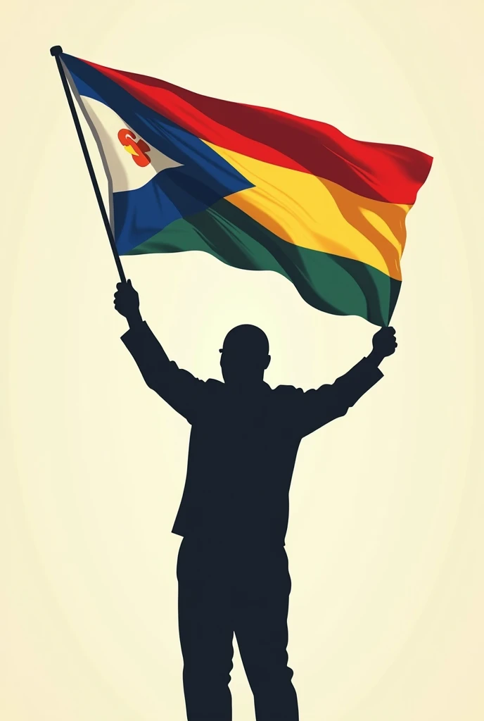 Baldman waving red blue white yellow flag silouette