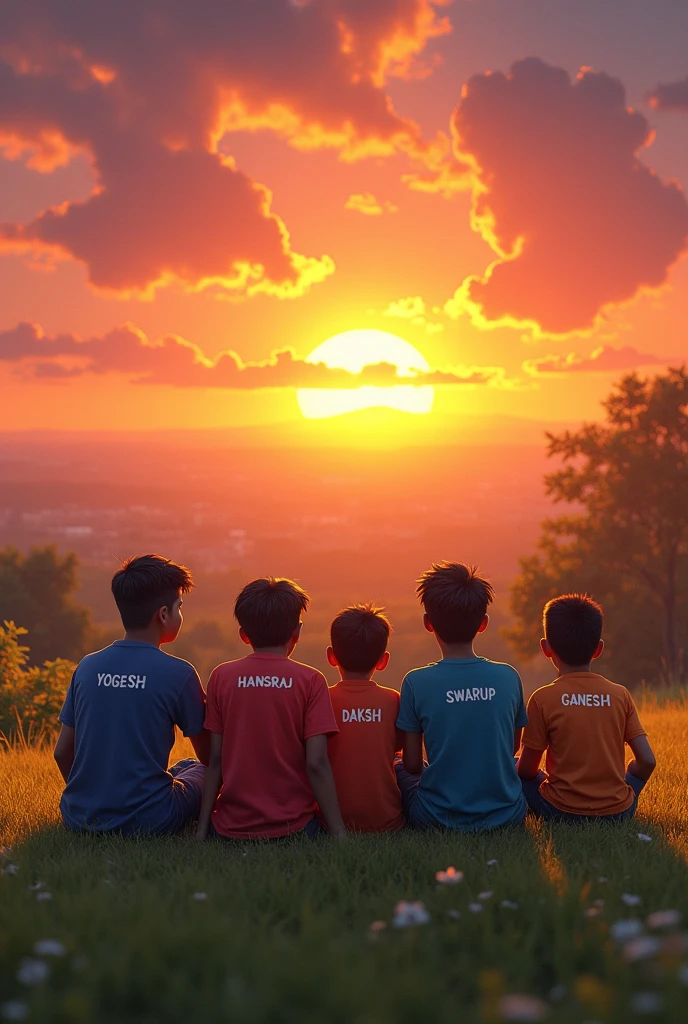 6th friends siting on the grass enjoying the view of sunset, one boy name is yogesh written on the t shirt, and 2nd boy name is hansraj written on the t shirt, and 3rd boy name is daksh written on the t shirt, and 4th boy name is swarup written on the t shirt, and 4th boy name is ganesh written on the t shirt, and 6th boy name is niraj written on the t shirt 
