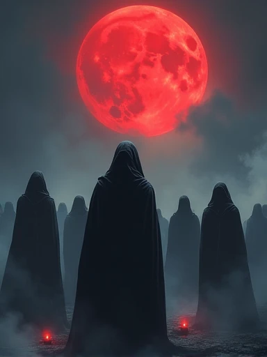 a group of cloaked figures standing beneath a blood-red moon, shrouded in mist. It feels like a ritual or a gathering of ominous purpose. What forces are they summoning?