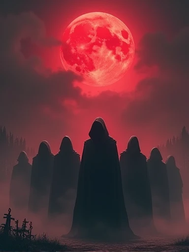 a group of cloaked figures standing beneath a blood-red moon, shrouded in mist. It feels like a ritual or a gathering of ominous purpose. What forces are they summoning?