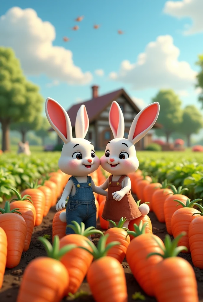 Animated bunny and rabbit couple in a carrot field and farm house