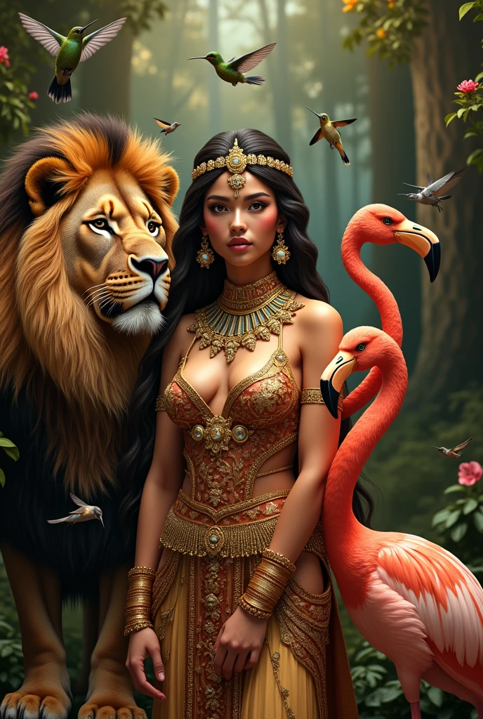 Create an image of Cleopatra surrounded by a hummingbird, a lion and a flamingo, with elements that symbolize wealth and money, like jewels and gold, integrated into the scene. The image should reflect the grandeur and luxury associated with the historical figure of Cleopatra.