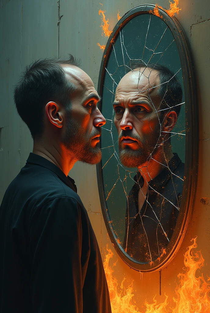 Man with unreconcilable face looking at himself in a broken mirror on fire