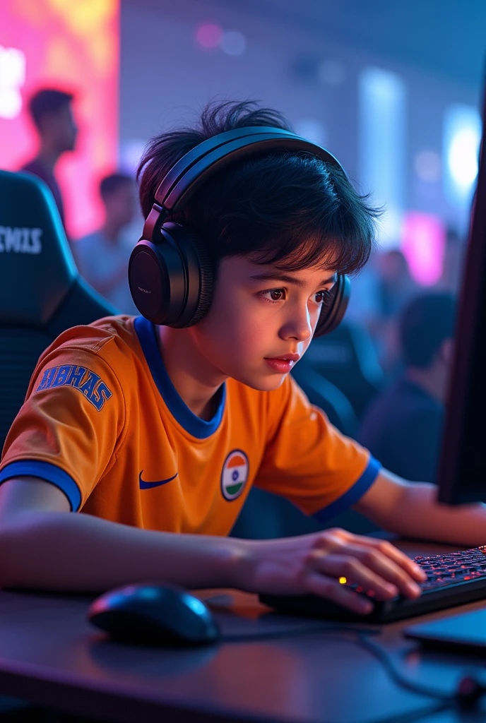 A boy playing for India eSports with his Jersey named as bi b h a s