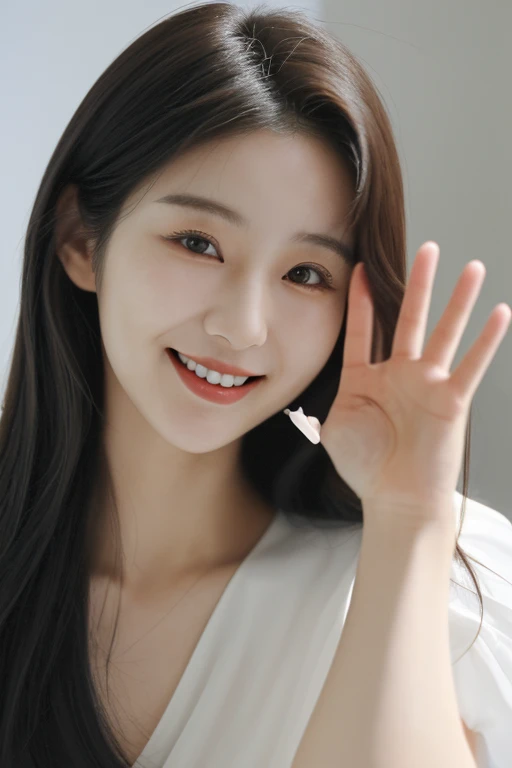 Woman in her 20s, Korean woman, real photo, Real picture, realistic, bust, close up, smile, wave hair, Basic white dress