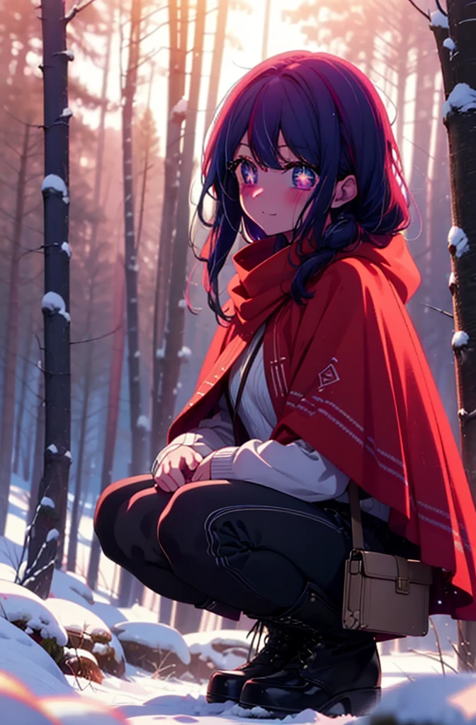 aihoshino, Ai Hoshino, Long Hair, bangs, (Purple eyes:1.1), Purple Hair, (Symbol-shaped pupil:1.5), smile,,smile,blush,white breath,
Open your mouth,snow,Ground bonfire, Outdoor, boots, snowing, From the side, wood, suitcase, Cape, Blurred, , forest, White handbag, nature, Squat, Mouth closed, Cape, winter, Written boundary depth, Black shoes, red Cape break looking at viewer, Upper Body, whole body, break Outdoor, forest, nature, break (masterpiece:1.2), Highest quality, High resolution, unity 8k wallpaper, (shape:0.8), (Beautiful and beautiful eyes:1.6), Highly detailed face, Perfect lighting, Highly detailed CG, (Perfect hands, Perfect Anatomy),