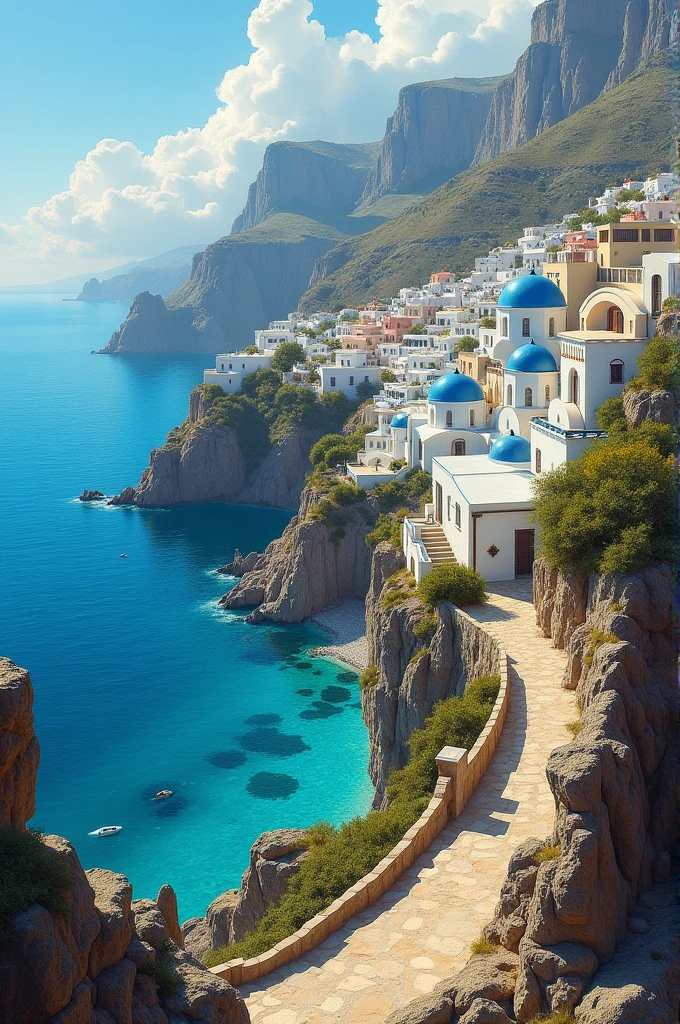 there is a painting of a beach scene on the phone, greek fantasy panorama, greek fantasy landscape, mediterranean island scenery, mediterranean vista, detailed painting 4 k, cliffside town, mediterranean landscape, detailed 4 k painting, beautiful art uhd 4 k, greece, beautiful oil matte painting, in a mediterranean lanscape, david ligare masterpiece, greek setting, sparkling cove