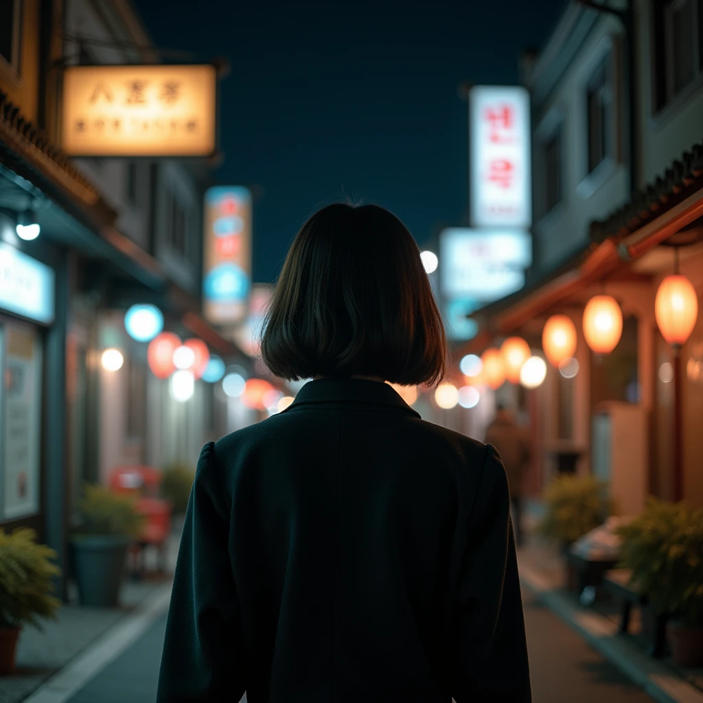 "Photo taken from behind of a young Korean woman with short bobbed hair, dressed elegantly, seen from the back on a Korean street at night, evoking a sense of travel."