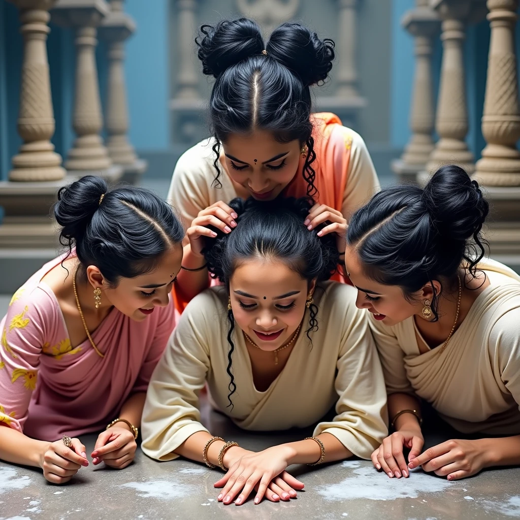 An unusual yet intriguing scene set within the sacred precincts of an ancient Indian Kali temple. Three young Indian ladies, adorned in vibrant, traditional sarees, stand out against the dark, mystical backdrop. Their unnaturally black rapunzel , 3C curly rapunzel hair, reminiscent of coiled springs, draws the eye with its inexplicable sheen and volume. Each strand seems to have been meticulously crafted by an unseen hand, coiled and coiled a million times over until it reaches a state of surreal perfection. The hair appears to have been showered with an unimaginable amount of oil, so much so that it resembles wet pulp, saturated and absorbing the light around them. The kneeled lady in the center, with her hair cascading down her back, is the focal point as her tresses shimmer and reflect like a sea of black mirrors. The other two ladies, their own hair equally as wet and oil-soaked, lean over her from behind. With a playful yet fervent expression, they begin to lick and kiss her scalp, their movements seemingly driven by an unbridled passion. This act of intimate hair worship is both mesmerizing and slightly jarring, as their thick, curly locks, like dark waterfall of springs, bounce and sway with each tender caress. The scene is suffused with an air of strange ritual, as if the very essence of the divine is being invoked through the act of grooming and adoration. Each curl is a testament to the boundless creativity of nature, while the trio's shared experience speaks to a deep-rooted bond of sisterhood and the mysterious powers of feminine unity. The image captures a moment that is at once sensual, spiritual, and eerily beautiful, leaving the viewer to ponder the story behind this peculiar tableau.