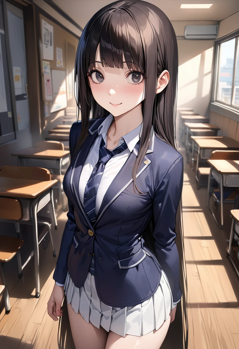 ((masterpiece,best quality anime,Highest quality:1.3)),realistic,cowboy shot,1woman,(30 year old beauty),((very small head:1.4)),((very long body:1.4)),straight long hair,black hair,(gorgeous big eyes),black eyes,smile,((slender body:1.4,skinny:1.3)),medium breasts,(School uniform、Dark blue blazer jacket、Navy blue tie、White shirt、Navy blue pleated mini skirt),gleaming skin,shiny skin,classroom、Tokyo、