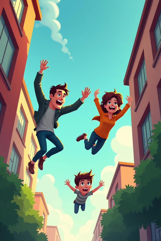 Cartoon of father, mother and son jumping out of the window of a building