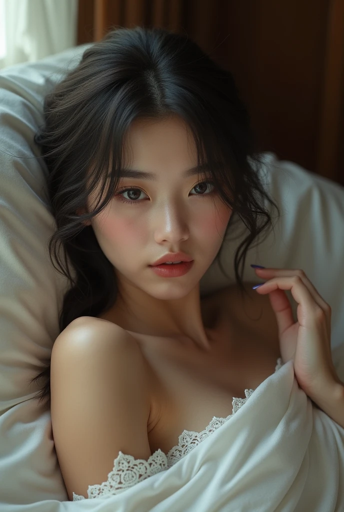 Young woman, beautiful, Cossack, Asian, Yakutka, perfect body, ideal figure, beautiful eyes, thin waist, breast size 3, naked naked lies on the bed with her back, Eyes in love