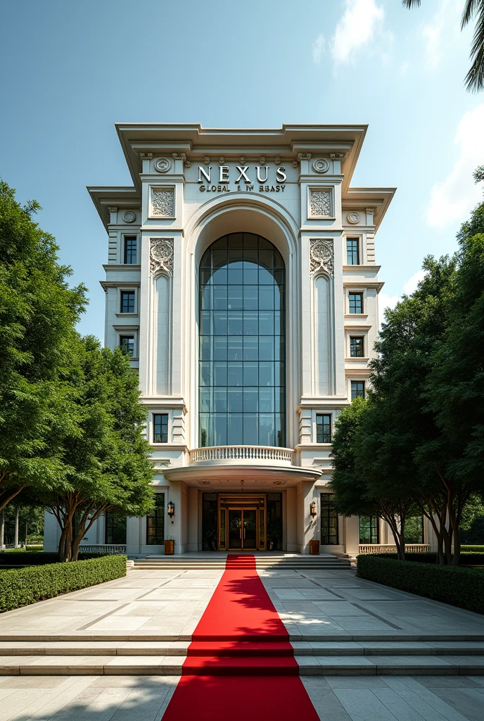 A wonderful and luxurious building, it's on it's own with large compound with trees and Grass with Singaporean architecture and the words Nexus Global Embassy fully exposed on the building separate concrete with red carpet on the entrance with a good full view and angle .Expose the words Nexus Global Embassy 