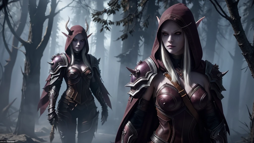 (masterpiece, best quality:1.3)
1girl, solo, long hair, breasts, red eyes, cleavage, medium breasts, upper body, white hair, horns, hood, cape, armor, tree, glowing, pointy ears, colored skin, feathers, elf, shoulder armor, pale skin, glowing eyes, cloak, spikes, hood up, forest, pauldrons, skull, arrow \(projectile\), shoulder pads, undead, In a hauntingly beautiful, moonlit forest, a powerful and enigmatic elf stands tall, exuding an aura of dark magic and mystery. This is Sylvanas, the legendary Windrunner, inspired by the iconic character from World of Warcraft,Sylvanas's skin has a striking, ashen gray hue, a testament to her mastery over the shadows. Her pointed ears, a hallmark of her elven heritage, are adorned with intricate, silver piercings that seem to shimmer in the faint moonlight. Her eyes burn with an otherworldly intensity, as if they hold the secrets of the forest and the whispers of the wind.She wears a flowing, purple hooded cloak, its edges embroidered with intricate, silver thread that resembles the delicate patterns found on a spider's web. The cloak billows behind her like a dark cloud, as if it's alive and feeding off the shadows. A quiver full of arrows, each one meticulously crafted with razor-sharp tips and adorned with tiny, glowing runes, hangs at her hip. The arrows seem to hum with dark energy, as if they're infused with the power of the forest.In her hand, Sylvanas grasps a magnificent, ornate longbow, its wood polished to a dark, mirror-like 