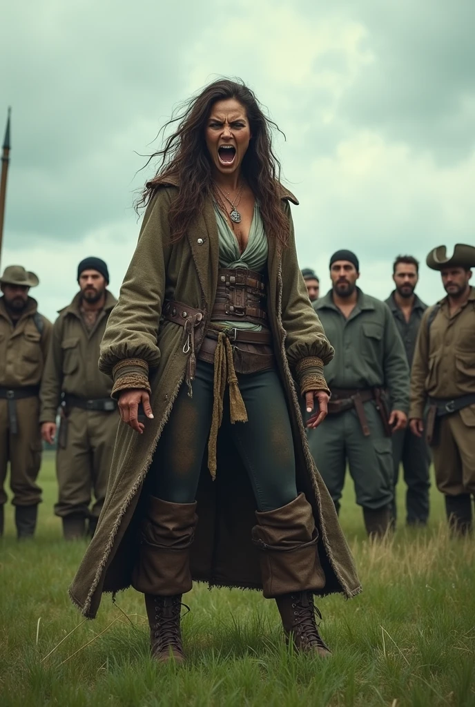 (masterpiece, best quality), pirate woman on grassy battlefield angrily yelling at men dressed as assorted laborers in modern clothing