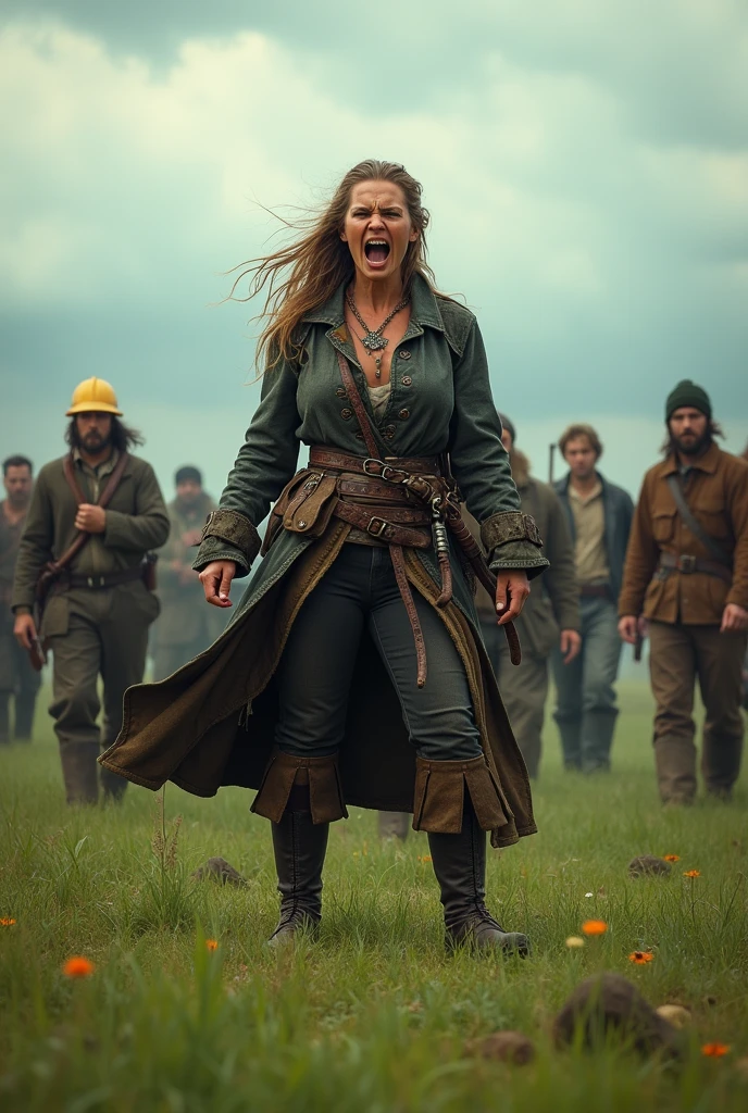(masterpiece, best quality), pirate woman on grassy battlefield angrily yelling at men dressed as assorted laborers in modern clothing
