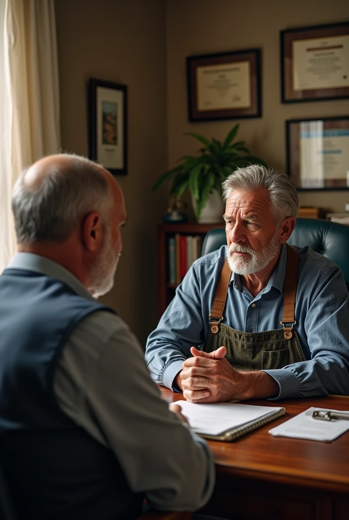 Realistic image of a financial advisor advising a farmer sitting