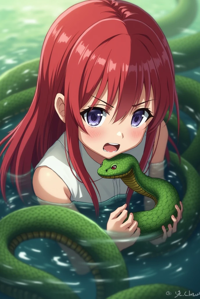 Vore, anime girl being swallowed alive by a snake, embarrassed face, anime girl, anime, 1 girl, big boobs, red hair, snake vore, tight