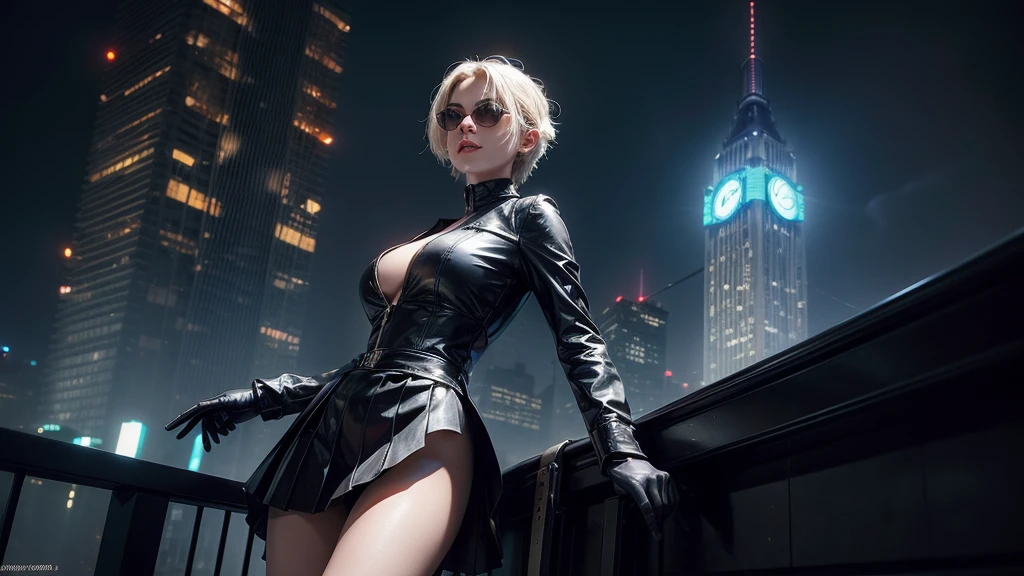 (Wide angle view). Matrix film inspired 1930s New York city, simple outlined neon tall buildings, glowing giant clock tower, cars, lightning, 3D rendering Beeple, Matrix-like glowing cascading code. At night, (1girl, solo, alone), photorealistic, medium- slim:0.6 body, oval:0.5 face, cleavasexy costume w deep-v, very low angle view of pleated miniskirt, white laced panty, ((upskirt)ove, (Matle black micro sunglasses), ((aiming viewer with a short gun)), (half-body thigh level close-up shot), cinematic lighting, ray tracing.