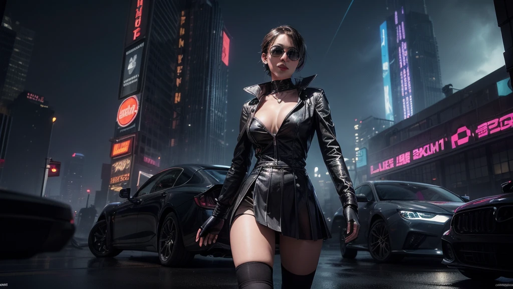 (Wide angle view). Matrix film inspired 1930s New York city, simple outlined neon tall buildings, glowing giant clock tower, cars, lightning, 3D rendering Beeple, Matrix-like glowing cascading code. At night, (1girl, solo, alone), photorealistic, medium-breast slim:0.6 body, oval:0.5 face, cleavage:1.1, sexy costume with deep-v, very low angle view of pleated miniskirt, white laced panty, ((upskirt)), glove, (Matrix style black micro sunglasses), ((aiming viewer with a short gun)), (half-body thigh level close-up shot), cinematic lighting, ray tracing.