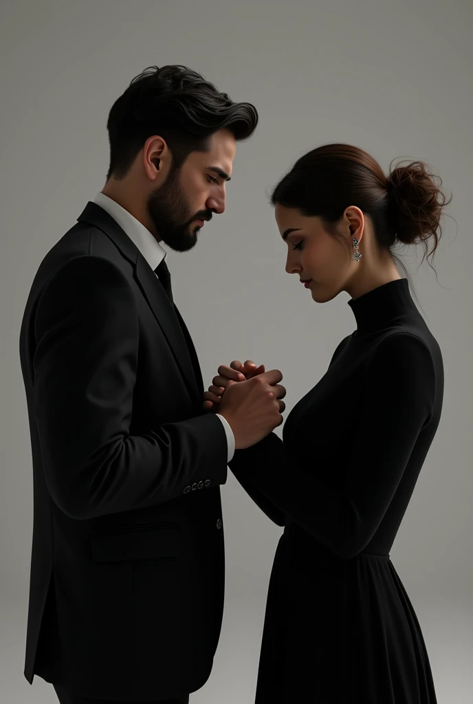 Image of a man holding his wife’s hand with a humble and regretful expression. The scene should convey reconciliation and understanding between them. Make hyper realistic,4k and make it more real, both of them wearing black, make them look like the previous generated image 