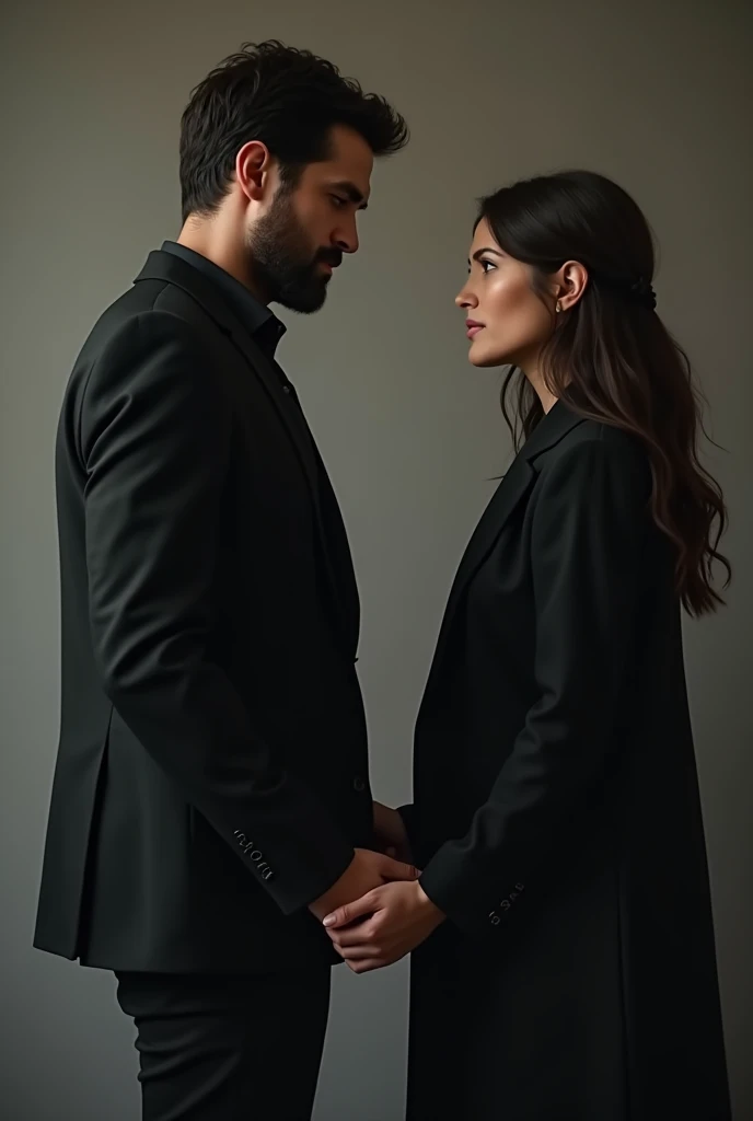Image of a man holding his wife’s hand with a humble and regretful expression. The scene should convey reconciliation and understanding between them. Make hyper realistic,4k and make it more real, both of them wearing black, make them look like the previous generated image 