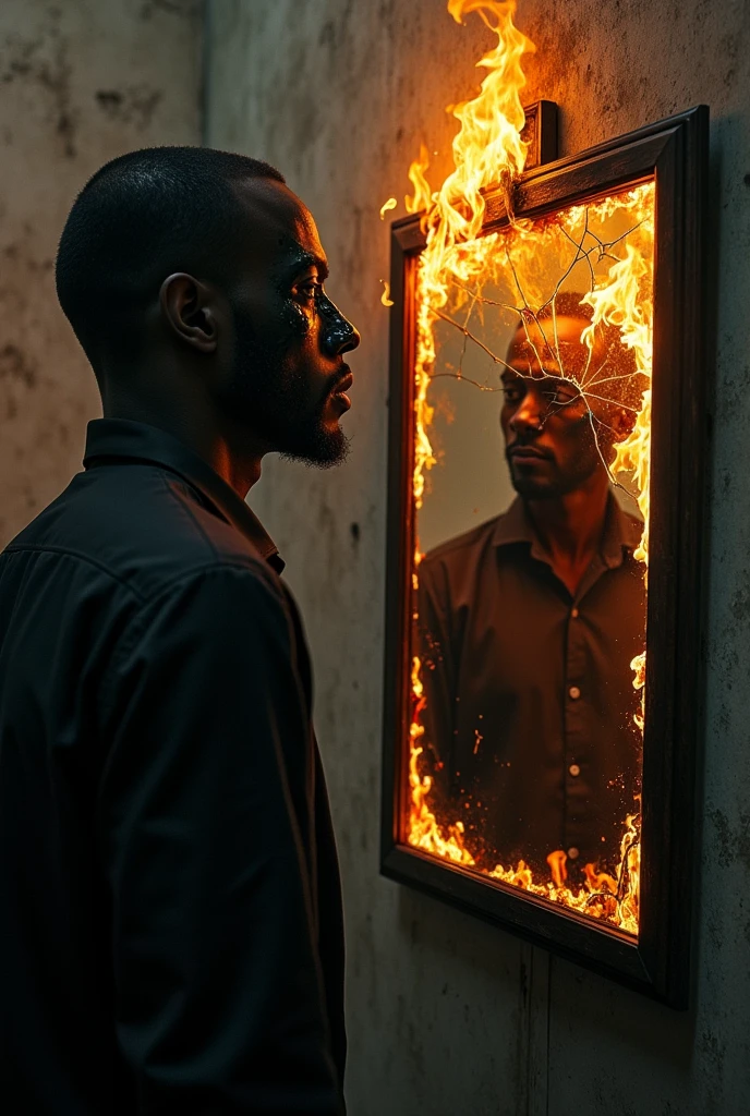 Man with face unrecognizable by a black stain looking at himself in a broken mirror on fire