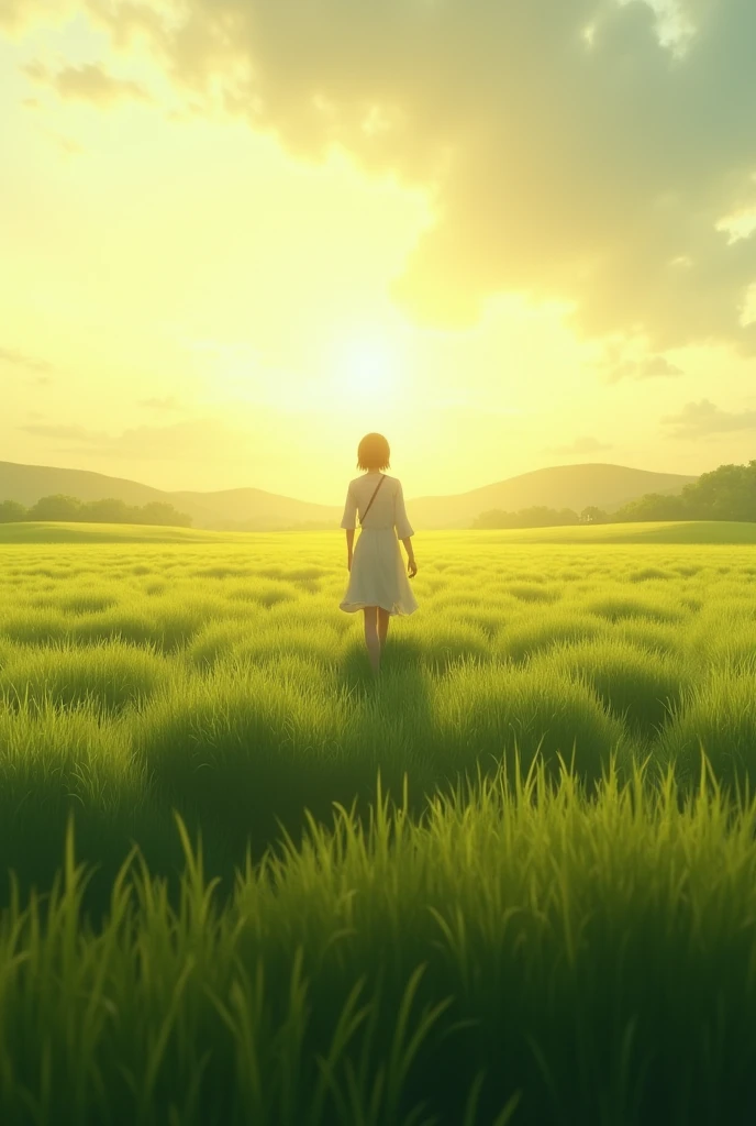 1 girl wearing white dress, 1 boy wearing white shirt. 8k resolution, ultra-detailed, masterpiece, highest quality, (on grassland), shot taken from behind, sunset