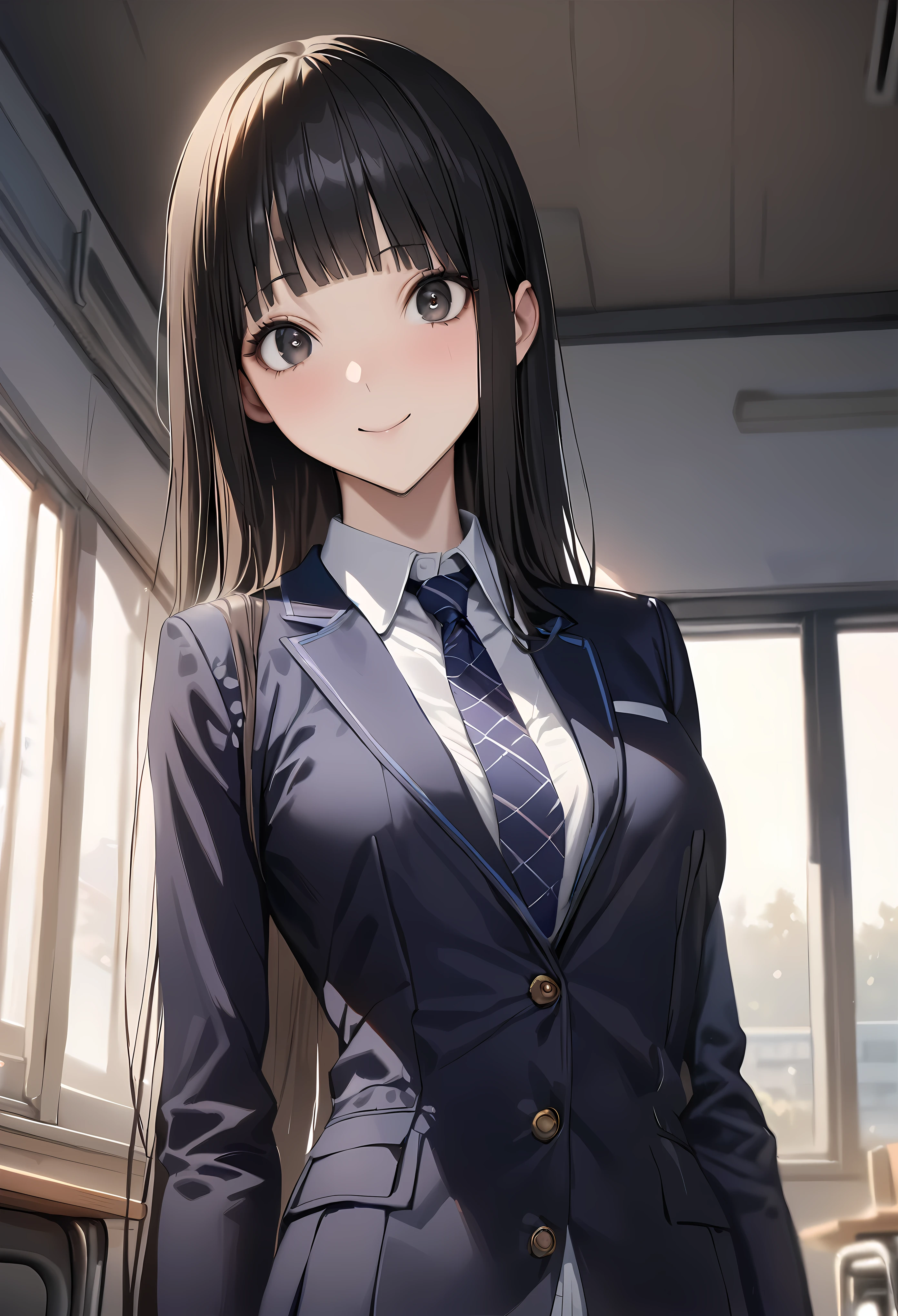 ((masterpiece,best quality anime,Highest quality:1.3)),realistic,cowboy shot,1woman,(30 year old beauty),((very small head:1.4)),((very long body:1.3)),straight long hair,black hair,(gorgeous big eyes),black eyes,smile,((slender body:1.4,skinny:1.3)),medium breasts,(School uniform、Dark blue blazer jacket、Navy blue tie、White shirt、Navy blue pleated mini skirt),gleaming skin,shiny skin,classroom、Tokyo、
