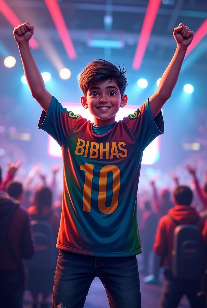 A boy playing for India eSports with his Jersey named as bi b h a s and won