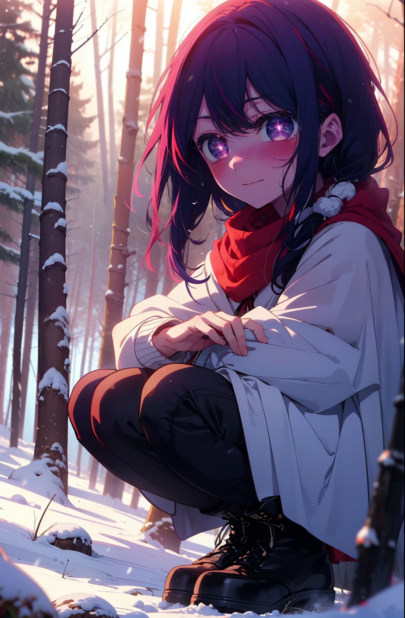 aihoshino, Ai Hoshino, Long Hair, bangs, (Purple eyes:1.1), Purple Hair, (Symbol-shaped pupil:1.5), smile,,smile,blush,white breath,
Open your mouth,snow,Ground bonfire, Outdoor, boots, snowing, From the side, wood, suitcase, Cape, Blurred, , forest, White handbag, nature,  Squat, Mouth closed, Cape, winter, Written boundary depth, Black shoes, red Cape break looking at viewer, Upper Body, whole body, break Outdoor, forest, nature, break (masterpiece:1.2), Highest quality, High resolution, unity 8k wallpaper, (shape:0.8), (Beautiful and beautiful eyes:1.6), Highly detailed face, Perfect lighting, Highly detailed CG, (Perfect hands, Perfect Anatomy),