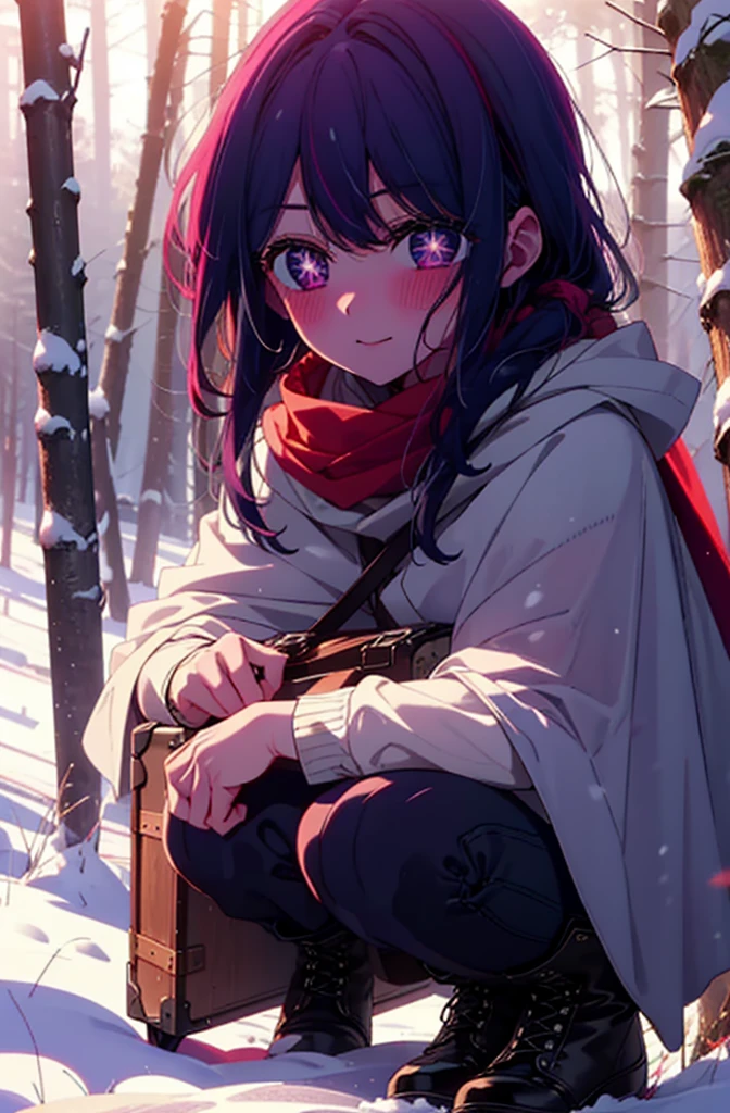 aihoshino, Ai Hoshino, Long Hair, bangs, (Purple eyes:1.1), Purple Hair, (Symbol-shaped pupil:1.5), smile,,smile,blush,white breath,
Open your mouth,snow,Ground bonfire, Outdoor, boots, snowing, From the side, wood, suitcase, Cape, Blurred, , forest, White handbag, nature,  Squat, Mouth closed, Cape, winter, Written boundary depth, Black shoes, red Cape break looking at viewer, Upper Body, whole body, break Outdoor, forest, nature, break (masterpiece:1.2), Highest quality, High resolution, unity 8k wallpaper, (shape:0.8), (Beautiful and beautiful eyes:1.6), Highly detailed face, Perfect lighting, Highly detailed CG, (Perfect hands, Perfect Anatomy),