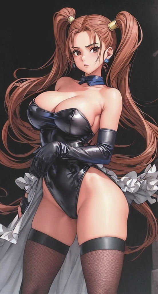 Jessica, with her large breasts, beautiful legs, shoulder-length twin tails, and mature face, showing off her arms and shoulders, is wearing a black high-cut bunny suit and fishnet stockings, standing with her hands on her hips and her legs spread to the sides.。in the forest。