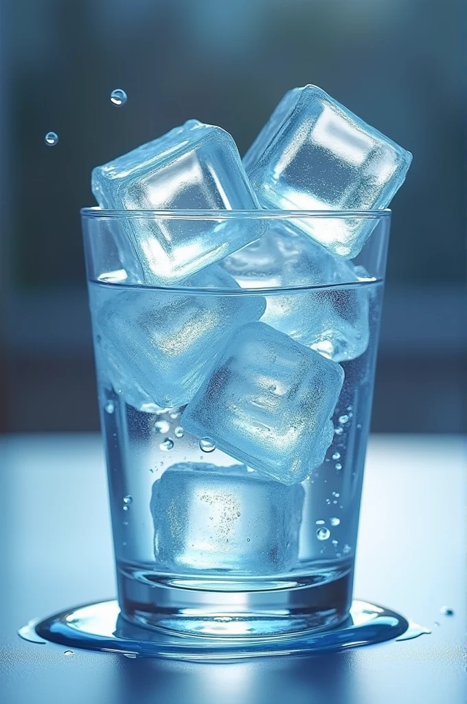 Imagine a glass filled with ice cubes. Some of the ice has already melted, so there's water at the bottom of the glass. The ice cubes are clear and slightly translucent, showing their crystalline structure. This represents the change from solid to liquid as the temperature increases.